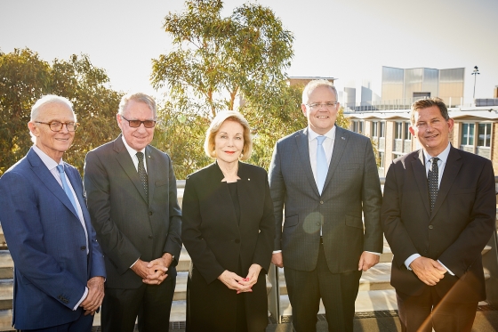 UNSW's Scientia Professor Henry Brodaty, Mr David Gonski AC, Chancellor of UNSW Sydney, Ita Buttrose, Chair of the Australian Mental Health Prize Advisory Group, Prime Minister Scott Morrison, Professor Ian Jacobs, President and Vice-Chancellor of UNSW Sydney at the Australian Mental Health Prize award ceremony.