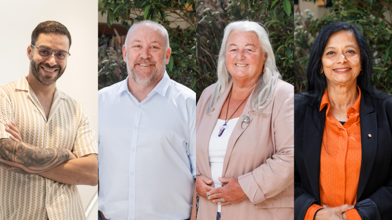 The four award winners from left to right: Michael Elwan, Luke Baker, Dr Liz McEntyre, Prof Jayashri Kulkarni